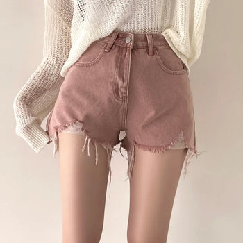 Damaged Details, High-Waisted Vintage Washed Cut-Off Denim Shorts
