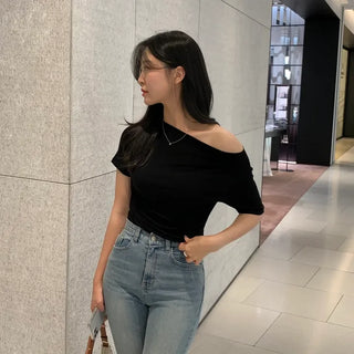 Natine Drape Shirred Boat Neck Asymmetrical Off-Shoulder Short Sleeve T-Shirt