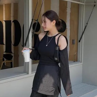 Layered Stretchy Ribbed Halterneck Sleeveless / 3 Colors