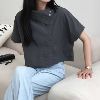 Unique Nylon Back-Slit Shirt High-Neck Short-Sleeve Blouse Rainy Season Look
