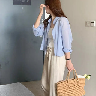 Summer See-through Gauze Cotton Long Sleeve Thin Shirt Crop Shirt