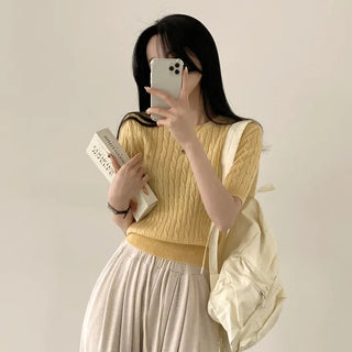 Full of Softness, Cashmere Wool Cable Knit Round Cropped Short Sleeve Knit