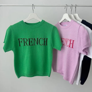 French Lettering Round Neck Ribbed Short Sleeve Knit