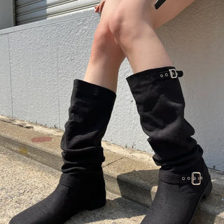 Linen Buckle Shirred Boots (2 colors)