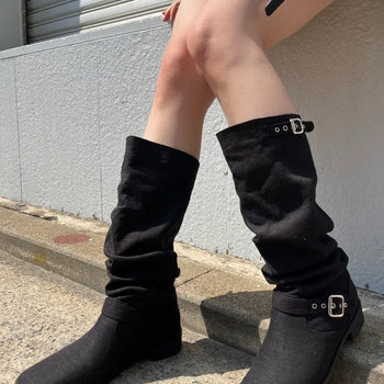 Linen Buckle Shirred Boots (2 colors)