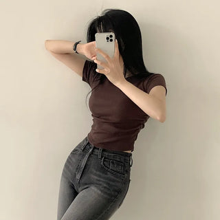 Figure-flattering Ribbed Shirred Crop Short Sleeve T-shirt
