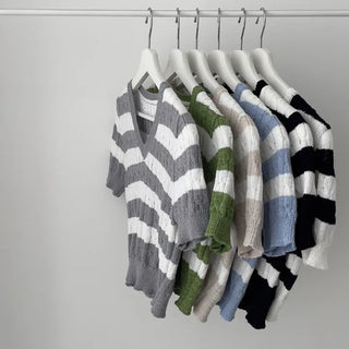 Ravi Striped Cable Knit V-Neck Crop Short Sleeve Knit