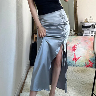 Print Satin Shirred Long Skirt