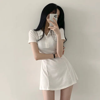 Guaranteed Beauty, Ribbed Collar Button Cut Flare Short Sleeve Mini Dress