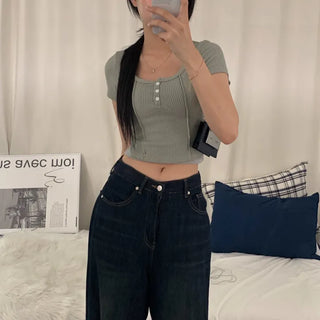 [Unique/Cinched Waist/Slim Fit] Y2K Cutout Crop Button Short Sleeve T-Shirt (3 colors)