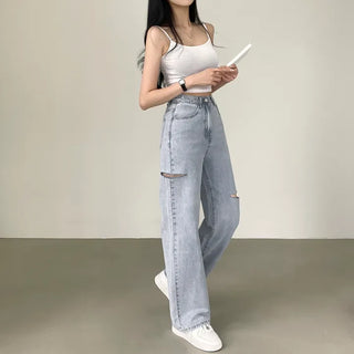 Slit Details, Light Wash Summer High-Waist Cut-Off Slit Ripped Wide Denim Pants
