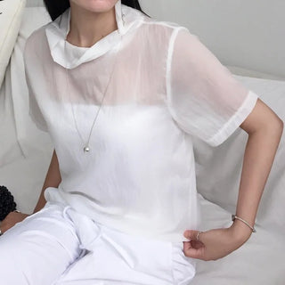 See-through nylon blouse, high-neck, rainy season short-sleeve shirt