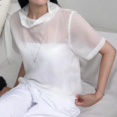 See-through nylon blouse, high-neck, rainy season short-sleeve shirt