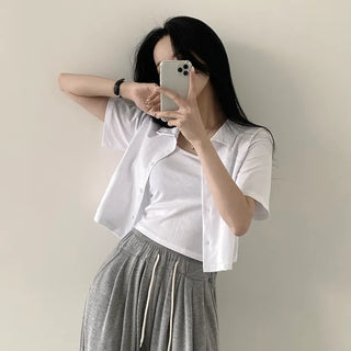 Wide-Around~ Plain Collared Crop Short Sleeve Cardigan + Sleeveless Two-Piece Set