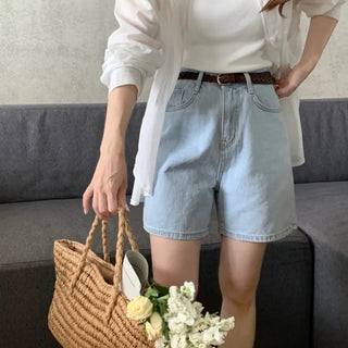 Light Blue & Dark Blue High-Waisted Ankle-Length Denim Pants Denim Shorts Denim Shorts
