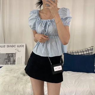 [Innocent/Two-way ver.] Natural Ribbon Pastel Short Sleeve Off-shoulder Blouse (5 colors)