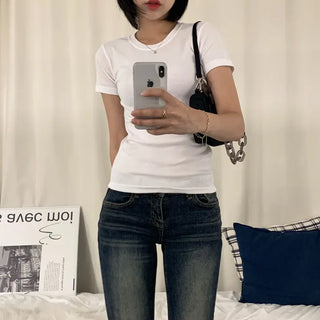 [8 Colors/Tummy Control/Guaranteed Fit] Summer Round Daily Plain Basic Long Short Sleeve Tee