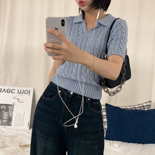 [Slim Fit/Cinched Waist] Basic Cable Knit Collared Short Sleeve T-shirt (5 colors)