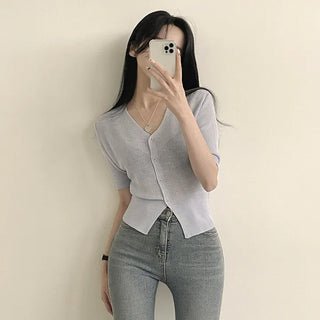 Subtle Colors, Ribbed V-Neck Cropped Short Sleeve Knit Cardigan