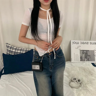[Slim Fit/Cooling!!] See-through Choker Strap Short Sleeve Tee (3 colors)