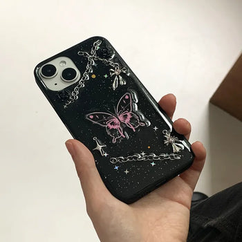 Kitsch 3D Butterfly Black Glitter Pearl Chain iPhone Case
