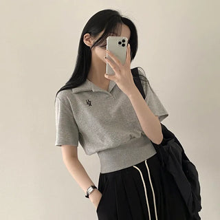Waist-cinched~ Avant-garde fit English embroidered collar cropped short-sleeve t-shirt