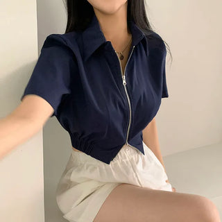 Two-way Collar Crop Short Sleeve Zip-up