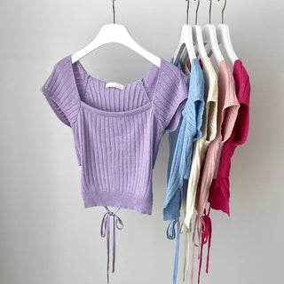 Sens Back Ribbon Ribbed Square Neck Cap Sleeve Short Sleeve Knit