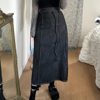 Denim Belt Elastic Long Skirt