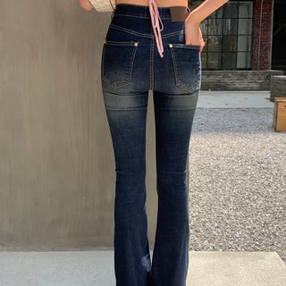 Hashed Dark Wash Slim Long Bootcut Denim Pants