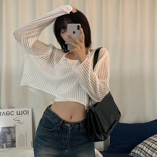 [Delicate~] Mesh See-through Boxy Knit Long Sleeve Top (3 colors)