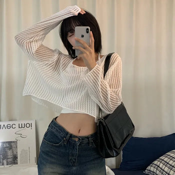 [Delicate~] Mesh See-through Boxy Knit Long Sleeve Top (3 colors)
