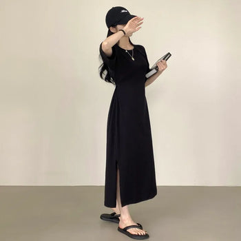 Swing-Around Cotton Two-way Round Slit Short Sleeve Long Dress