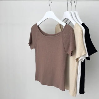 Monly Summer Raglan U-Neck Ribbed Short Sleeve Knit