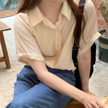Loose Fit Silky Summer Short Sleeve Shirt Blouse