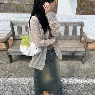 Back Slit Denim Long Skirt