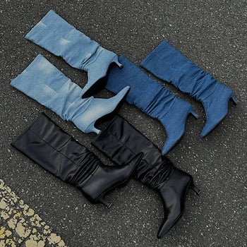 Shirred Western Denim Boots