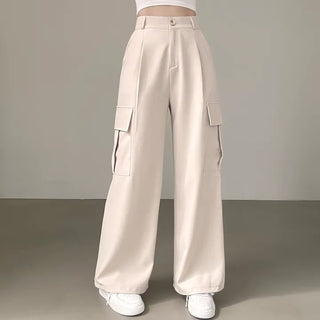 Jogger & Wide, High-Waisted Back Elastic Waist, Pintuck Cargo Pockets, Two-Way Straight Wide Long Slacks