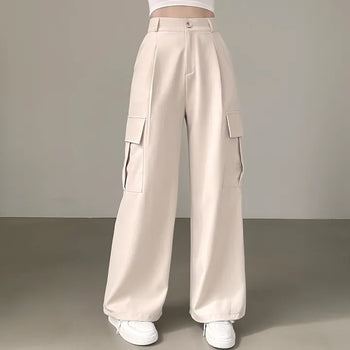 Jogger & Wide, High-Waisted Back Elastic Waist, Pintuck Cargo Pockets, Two-Way Straight Wide Long Slacks