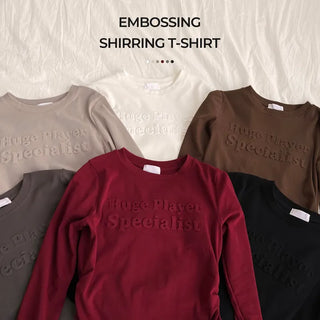 Slimming Embossed Lettering Rounded Shirring Long Sleeve T-shirt