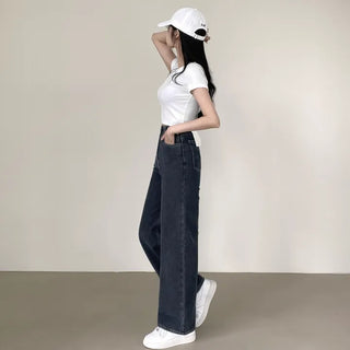 Autumn Mood, Medium Blue High-Waisted Straight Wide Long Denim Pants
