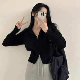 Guaranteed Cuteness, Thick Two-way High-neck Collar Crop Knit Zip-up