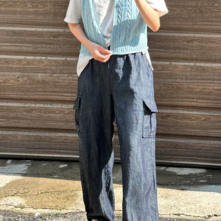 Non-fading Two-way Linen Denim Wide Cargo Jogger Pants