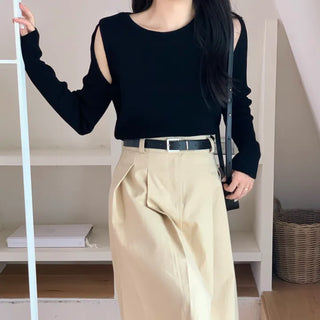 Autumn Cropped Slit Ribbed Long Sleeve Knit