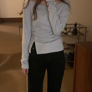 Loose Boat Neck Tee Lip Neck Tee/Shirred Long Sleeve Tee/Layering/Slit Tee/Slit Top/ Work Look/Off-Shoulder/Wedding Guest Look