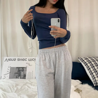 [Square Neck ver.] Slit Autumn Plain Basic Cotton Long Sleeve T-shirt (4 colors)