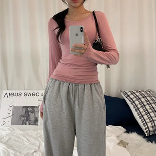 [Slim Fit/Delicate~] Basic Plain Round Stretch Cotton Long Sleeve T-shirt (10 colors)