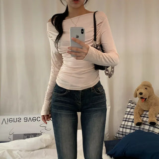 [Slim Fit/Heartthrob] Innocent Shirred Off-Shoulder Long-Sleeve T-Shirt for Transitional Season (3 Colors)