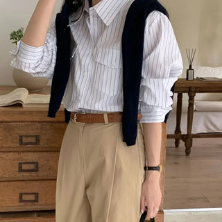 Autumn Shirt Loose Fit Pocket Stripe Shirt  Transitional Season Shirt Long Sleeve Shirt