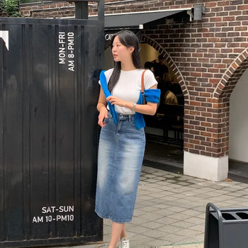 Space medium blue denim slit long skirt